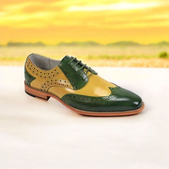 GIOVANNI MEN'S GREEN/SCOTCH LEATHER WING TIP DRESS SHOE. TROY. - Picture 1 of 9